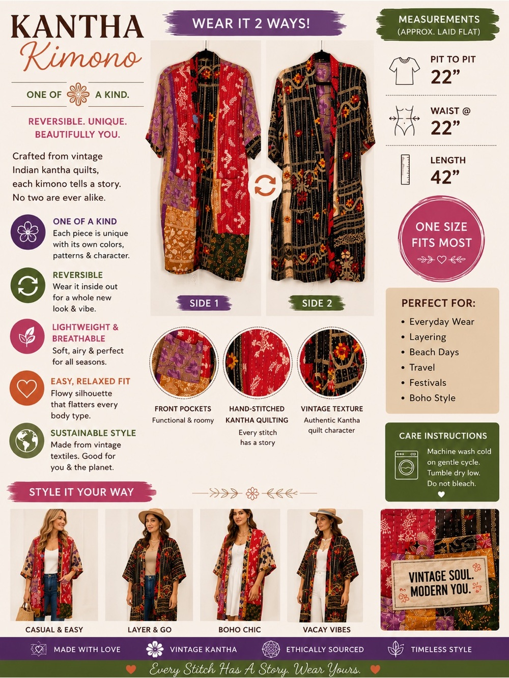 One of a Kind Reversible Kantha Kimono 1 SZ Handmade Vintage Boho Jacket Duster